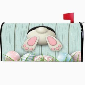 NWT Easter Bunny Mailbox Cover Rabbit in Hole Eggs Blue Pink Standard Mail Box